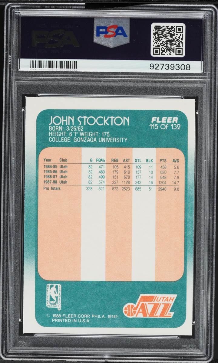 1988 Fleer Basketball John Stockton ROOKIE #115 PSA 8 NM-MT