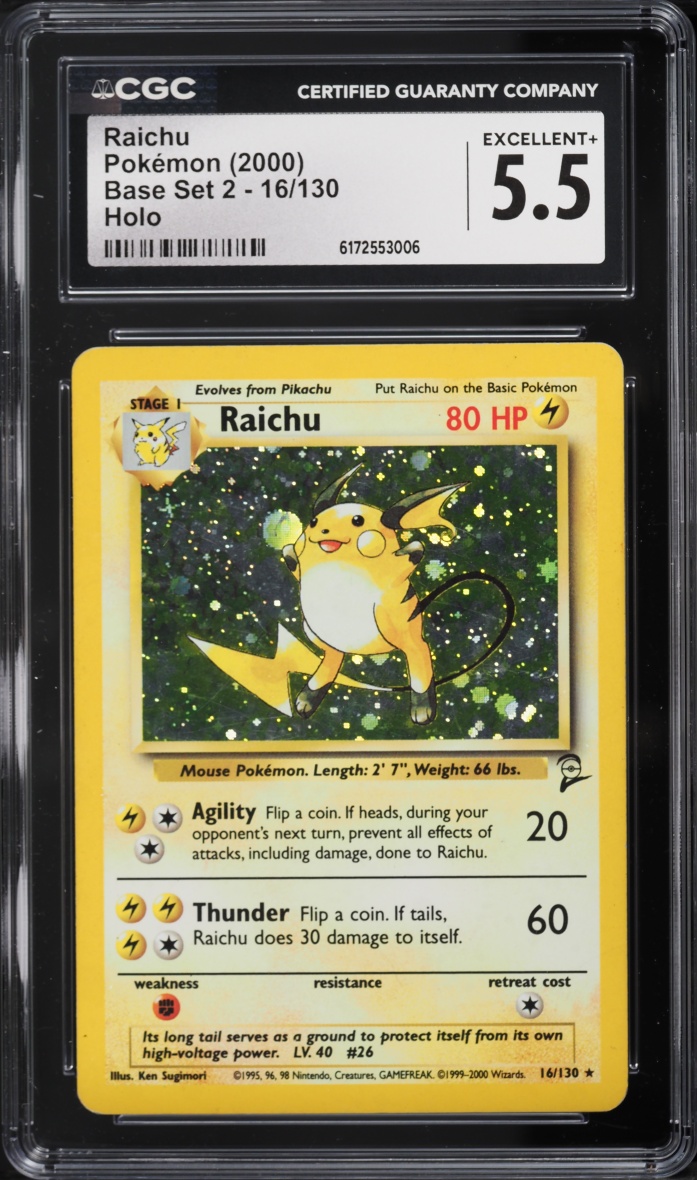 2000 Pokemon Base Set 2 Holo Raichu #16 CGC 5.5 EX+