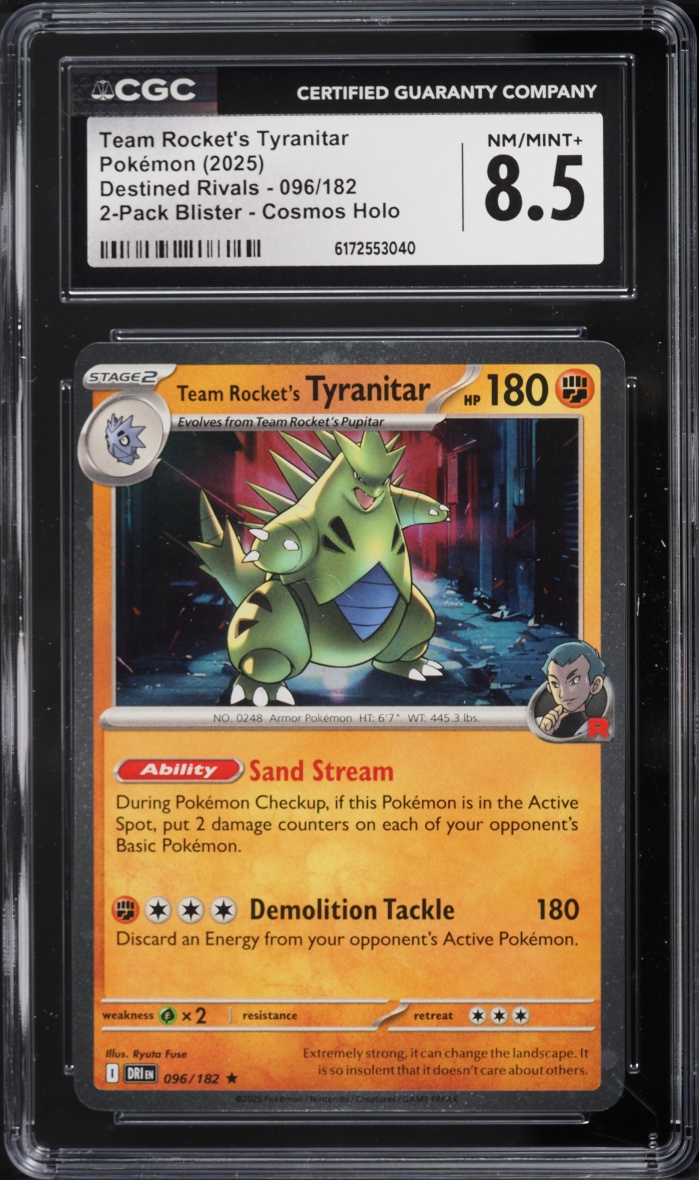 2025 Pokemon SV Destined Rivals Cosmos Holo Team Rocket's Tyranitar #96 CGC 8.5 NM-MT+