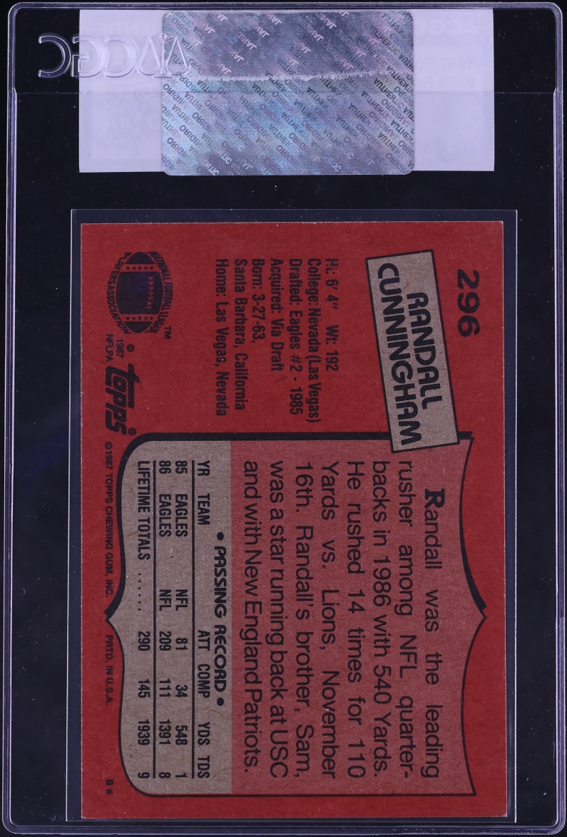 1987 Topps Football Randall Cunningham ROOKIE #296 CGC AUTH