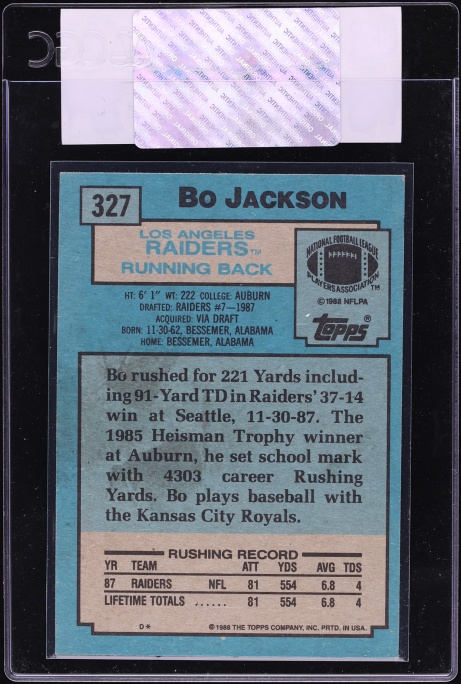 1988 Topps Football Bo Jackson ROOKIE #327 CGC AUTH