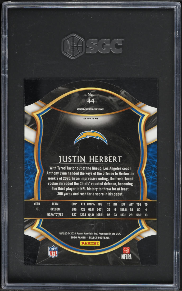 2020 Select Concourse Purple Prizm Die-Cut Justin Herbert ROOKIE #44 SGC 10 GEM MINT