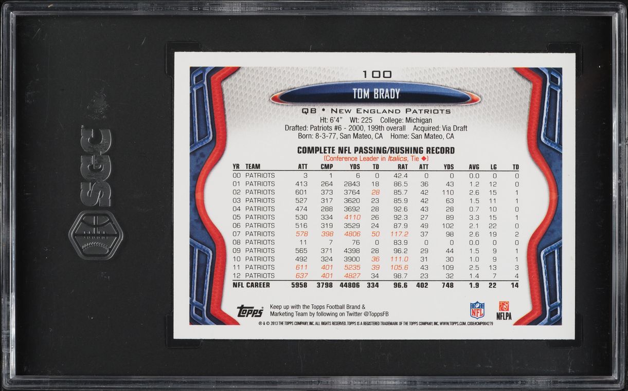 2013 Topps Football Tom Brady #100 SGC 10 GEM MINT