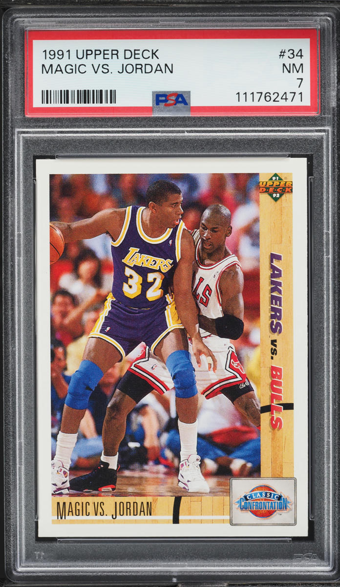 1991 Upper Deck Basketball Magic Johnson Vs. Michael Jordan #34 PSA 7 NRMT