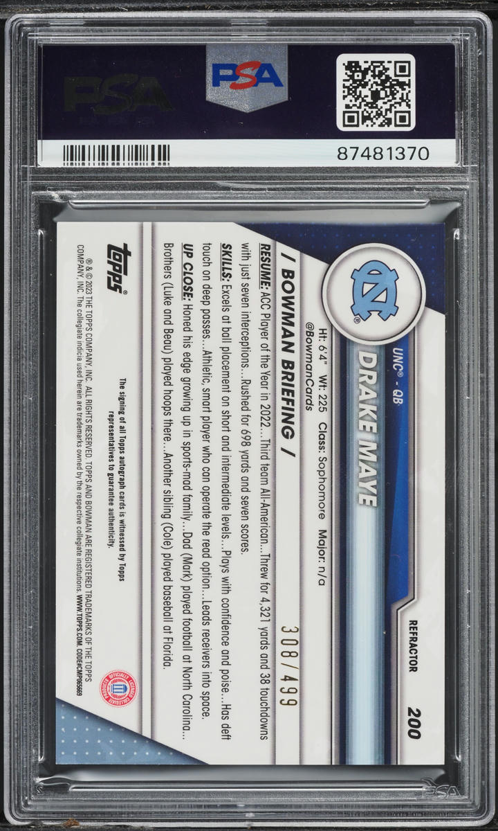 2023 Bowman Chrome University Refractor Drake Maye ROOKIE AUTO /499 #200 PSA 9