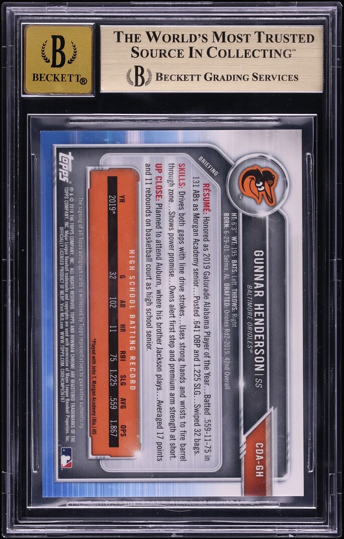 2019 Bowman Chrome Blue Refractor Gunnar Henderson PROSPECT AUTO /150 #CDA-GH BGS 9.5 GEM MINT