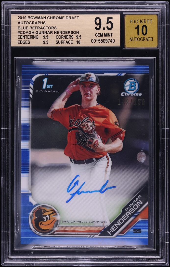 2019 Bowman Chrome Blue Refractor Gunnar Henderson PROSPECT AUTO /150 #CDA-GH BGS 9.5 GEM MINT