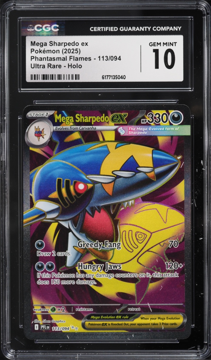 2025 Pokemon Mega Evolution Phantasmal Flames Full Art Mega Sharpedo EX #113 CGC 10 GEM MINT