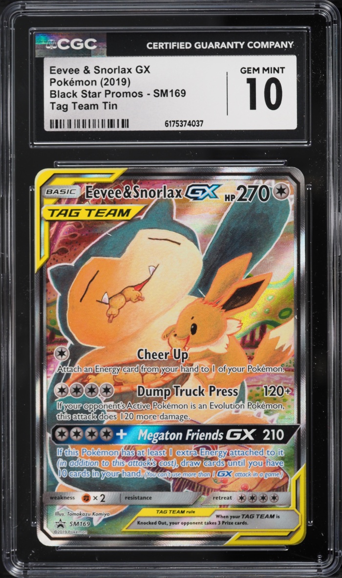 2019 Pokemon Sun & Moon Promo Tag Team Tin Full Art Eevee & Snorlax GX #SM169 CGC 10 GEM MINT