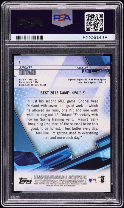 2018 Bowman's Best Orange Refractor Shohei Ohtani ROOKIE /25 #1 PSA 10 GEM MINT