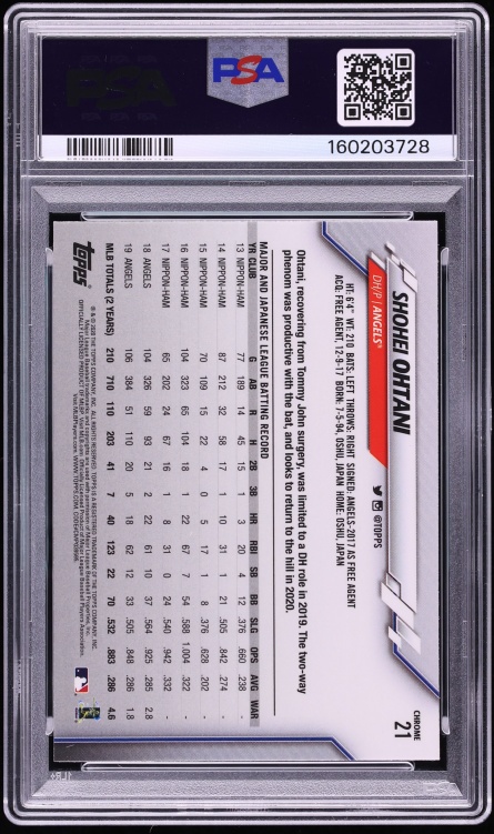 2020 Topps Chrome Shohei Ohtani #21 PSA 10 GEM MINT