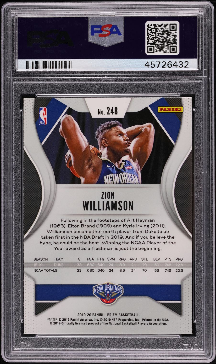2019 Panini Prizm Zion Williamson ROOKIE #248 PSA 10 GEM MINT