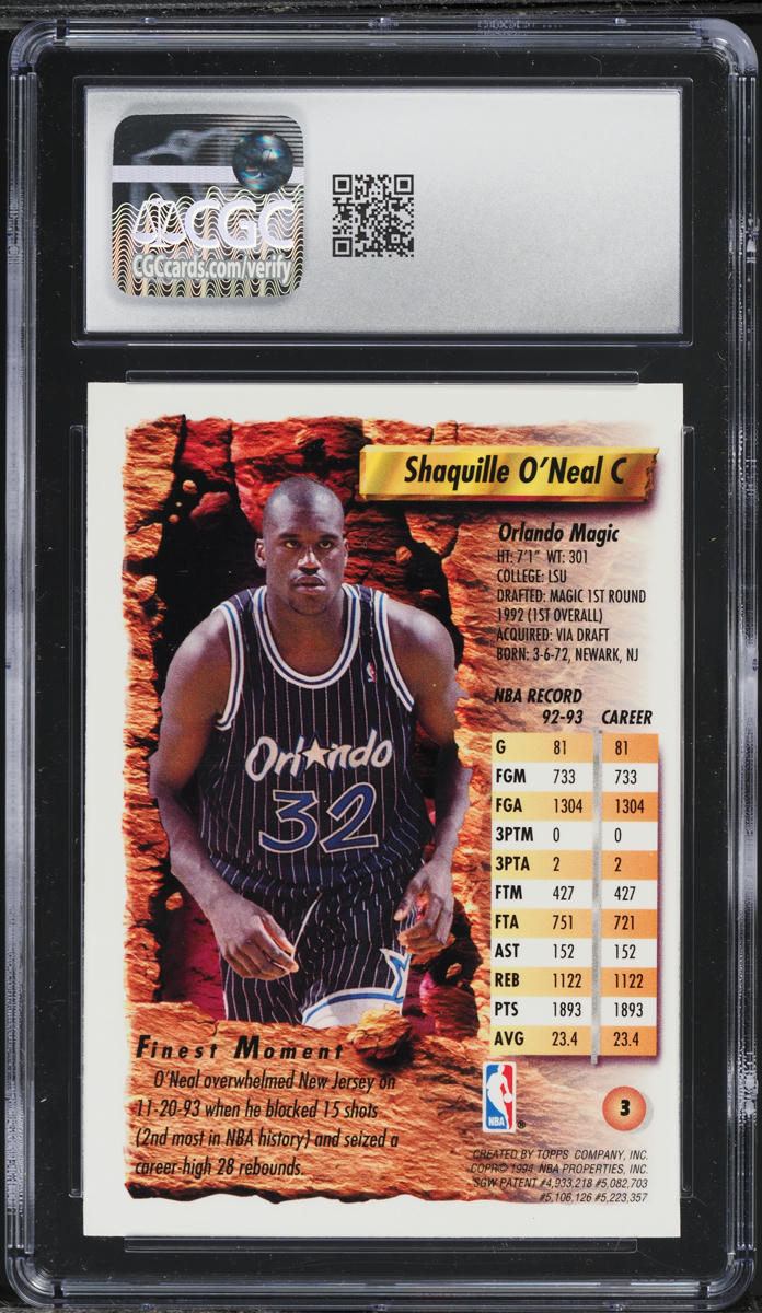 1993 Finest Basketball Shaquille O'Neal #3 CGC 6 EXMT