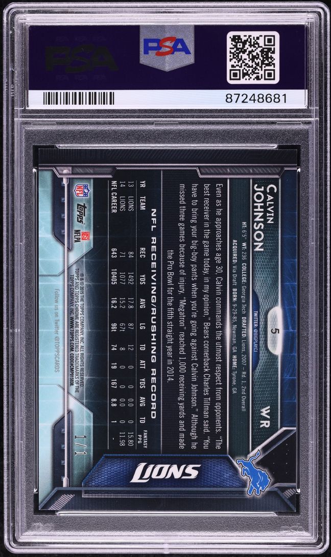 2015 Topps Chrome Superfractor Calvin Johnson 1/1 #5 PSA 9 MINT