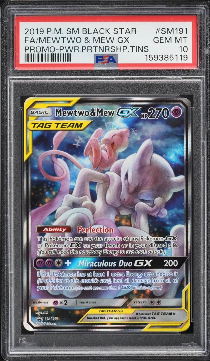 2019 Pokemon Sun & Moon Promo Power Partnership Tin Full Art Mewtwo & Mew GX #SM191 PSA 10 GEM