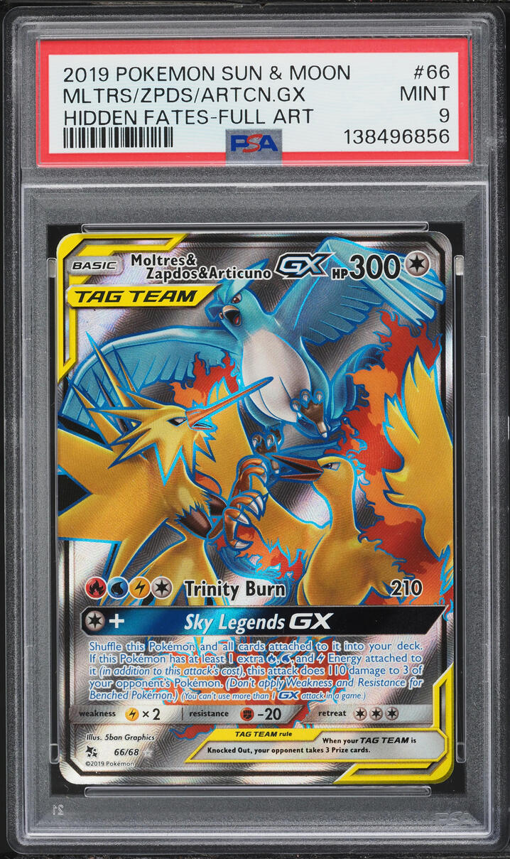 2019 Pokemon Sun & Moon Hidden Fates Full Art Moltres Zapdos Articuno GX #66 PSA 9 MINT