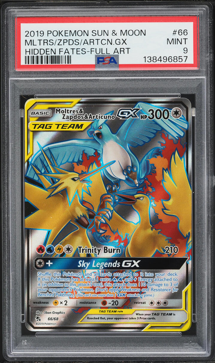2019 Pokemon Sun & Moon Hidden Fates Full Art Moltres Zapdos Articuno GX #66 PSA 9 MINT