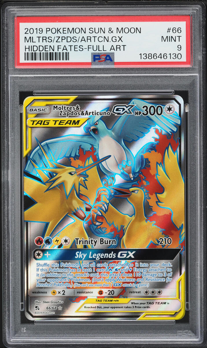 2019 Pokemon Sun & Moon Hidden Fates Full Art Moltres Zapdos Articuno GX #66 PSA 9 MINT