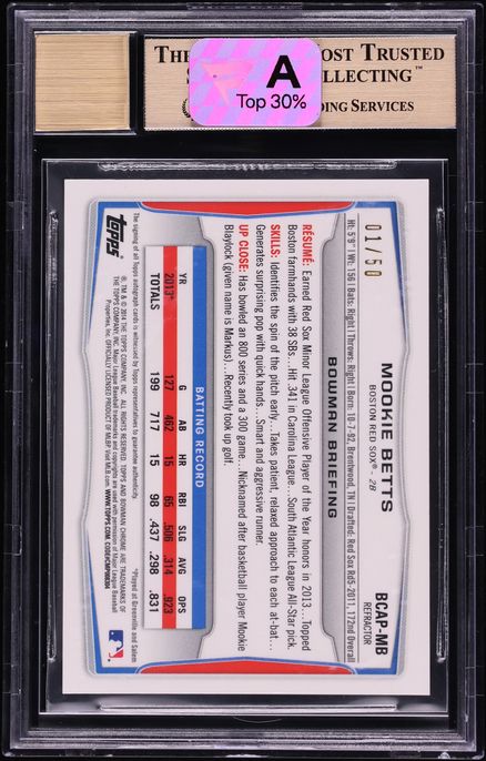 2014 Bowman Chrome Gold Refractor Mookie Betts PROSPECT AUTO 1/50 #BCAP-MB BGS 9.5 GEM MINT