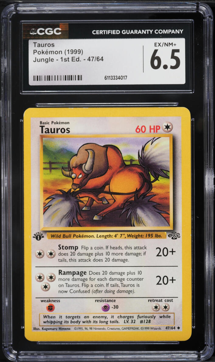 1999 Pokemon Jungle 1st Edition Tauros #47 CGC 6.5 EXMT+