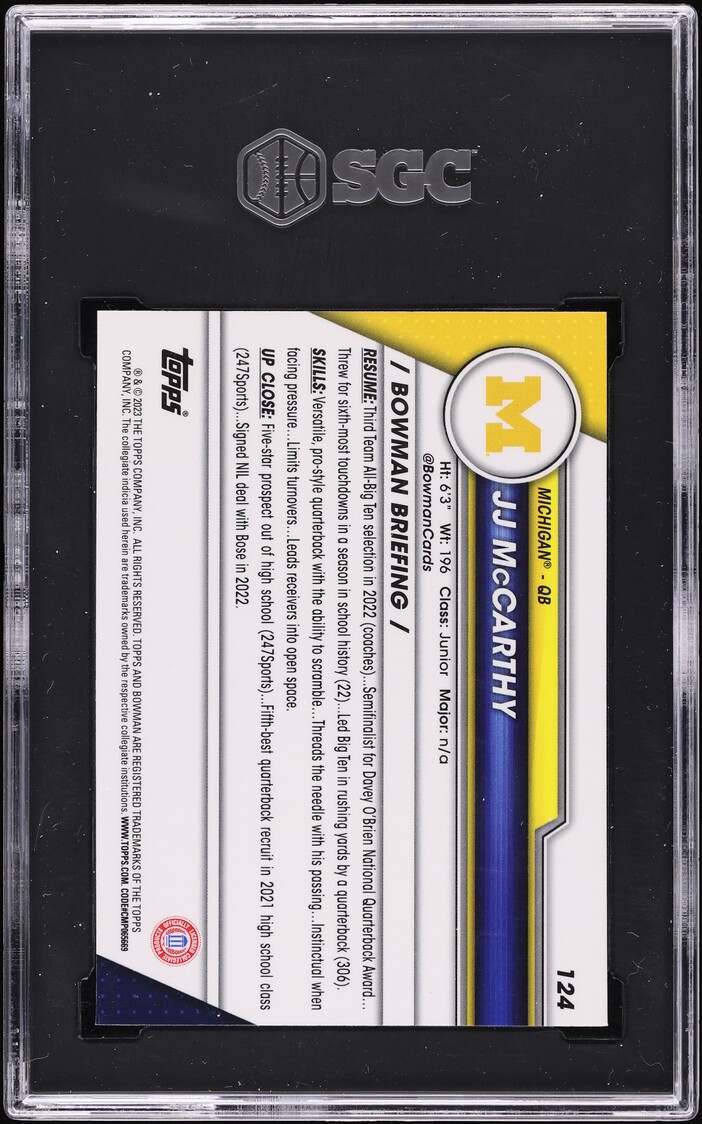 2023 Bowman Chrome University J.J. McCarthy ROOKIE #124 SGC 9.5 MINT+