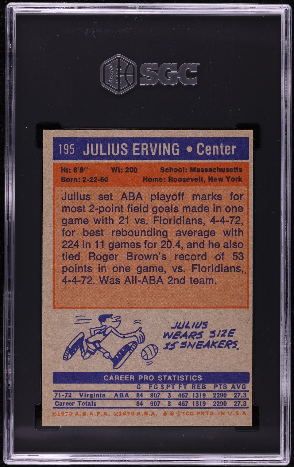 1972 Topps Basketball Julius Erving ROOKIE #195 SGC 7 NRMT