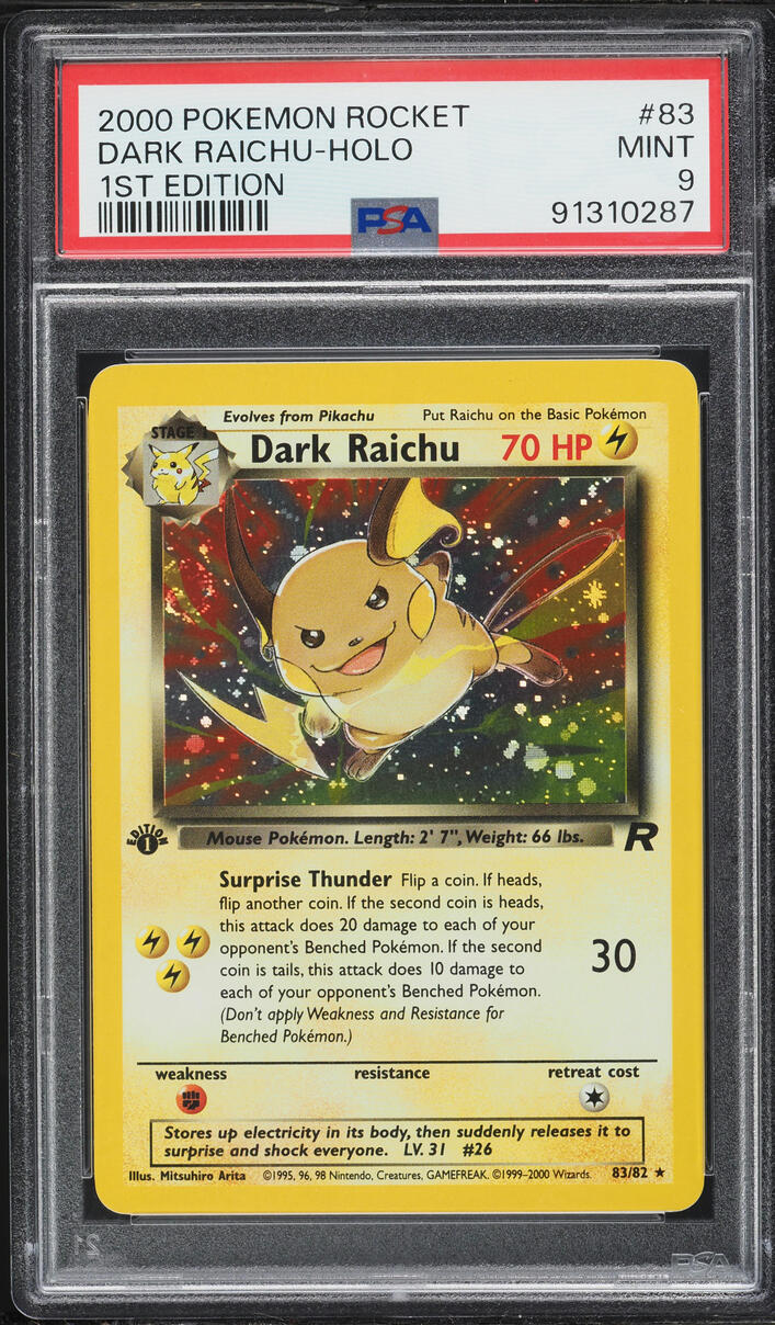 2000 Pokemon Team Rocket 1st Edition Holo Dark Raichu #83 PSA 9 MINT