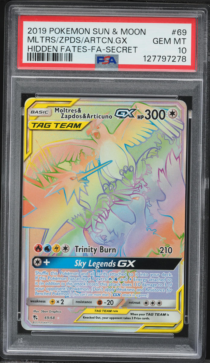 2019 Pokemon Sun & Moon Hidden Fates Rainbow Rare Moltres Zapdos Articuno #69 PSA 10 GEM MINT