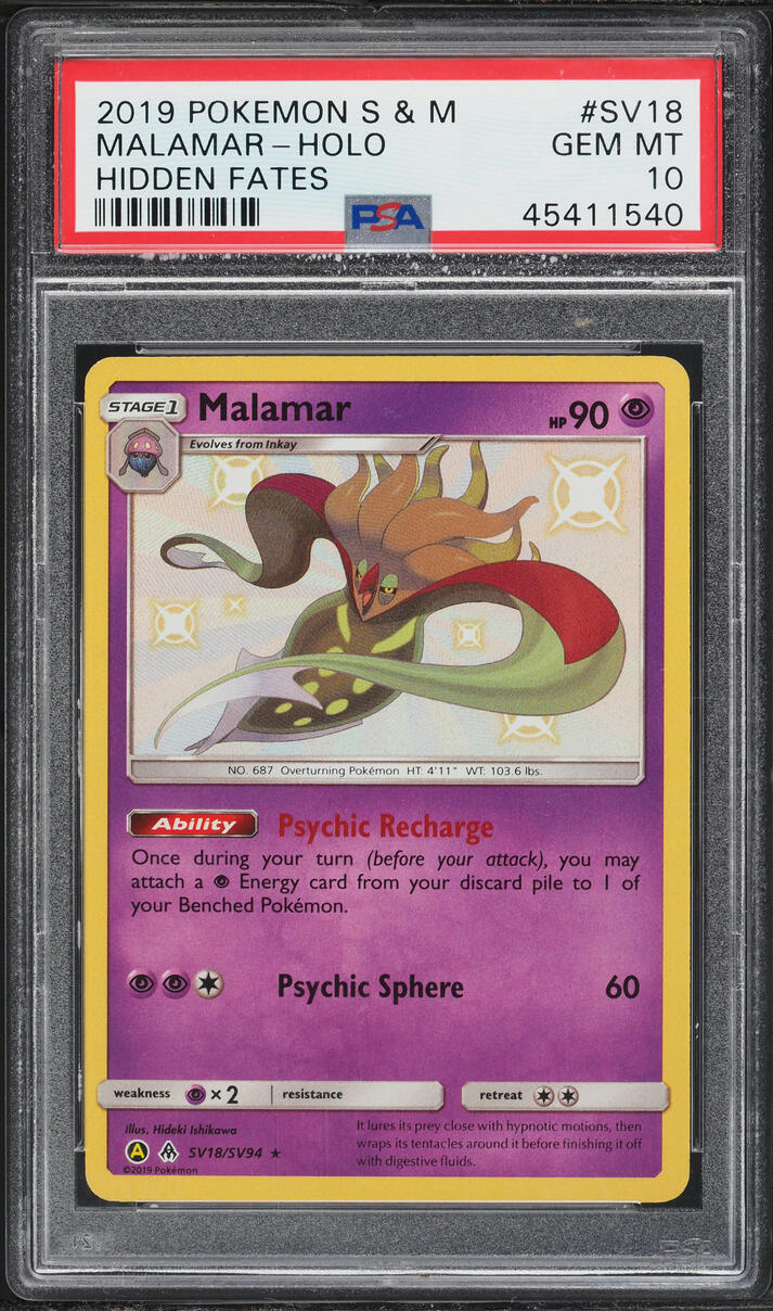 2019 Pokemon Sun & Moon Hidden Fates Shiny Malamar #SV18 PSA 10 GEM MINT