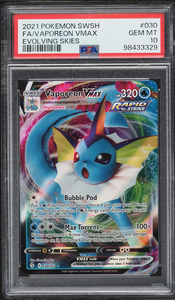 2021 Pokemon Sword & Shield Evolving Skies Full Art Vaporeon VMAX #30 PSA 10 GEM MINT