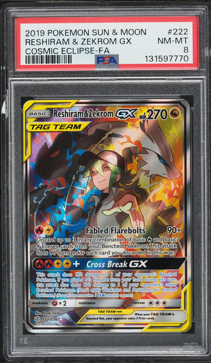 2019 Pokemon Sun & Moon Cosmic Eclipse Full Art Reshiram & Zekrom GX #222 PSA 8 NM-MT