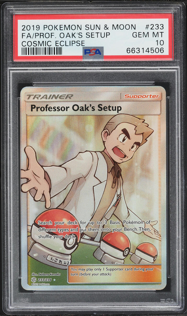 2019 Pokemon Sun & Moon Cosmic Eclipse Full Art Professor Oak's Setup #233 PSA 10 GEM MINT