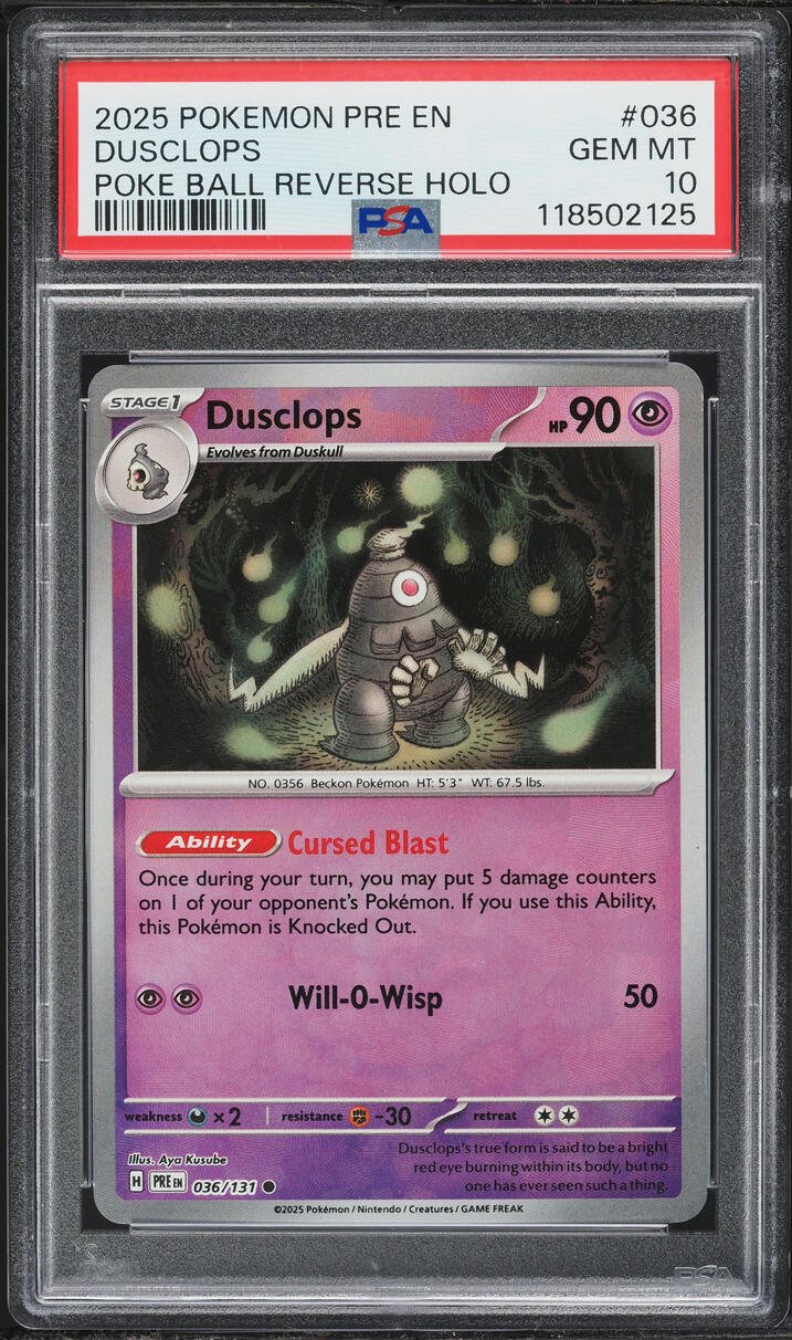 2025 Pokemon SV Prismatic Evolutions Poke Ball Holo Dusclops #36 PSA 10 GEM MINT