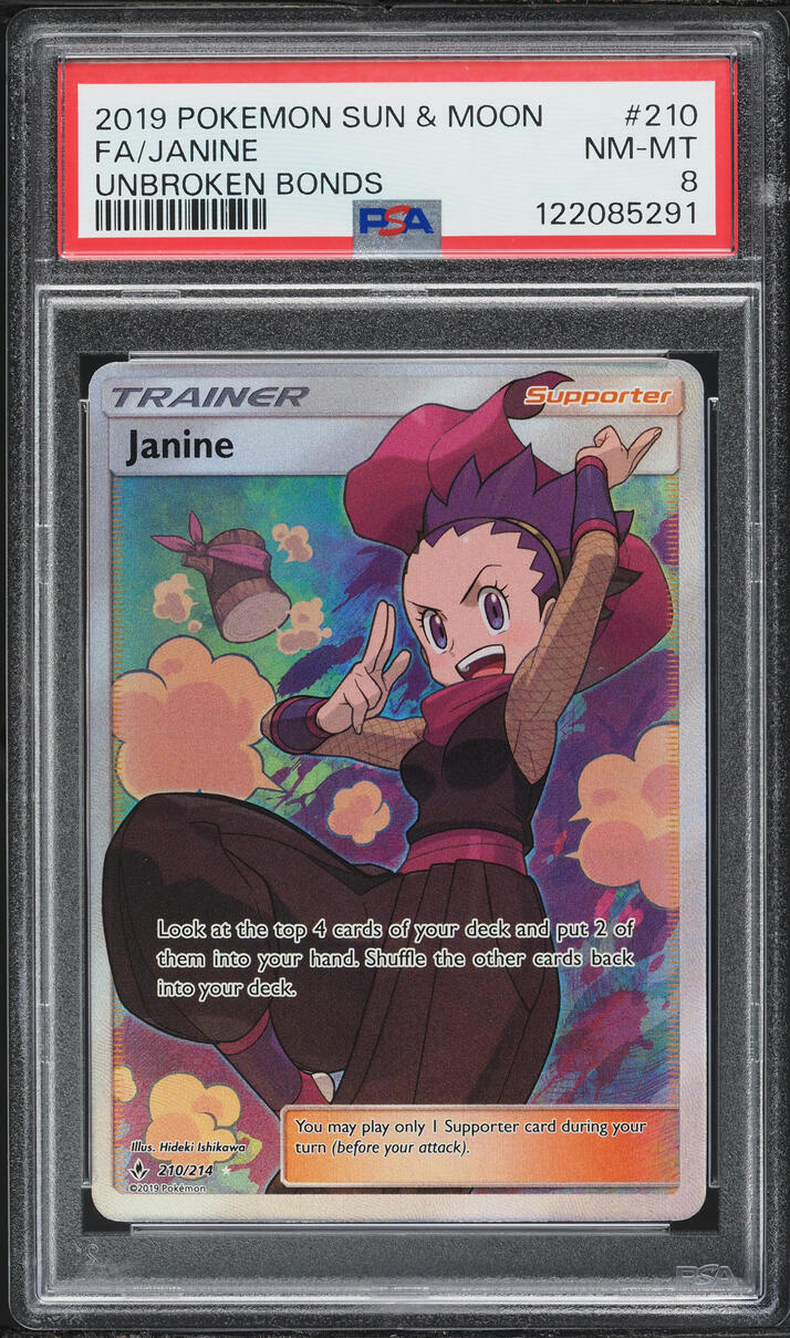 2019 Pokemon Sun & Moon Unbroken Bonds Full Art Janine #210 PSA 8 NM-MT