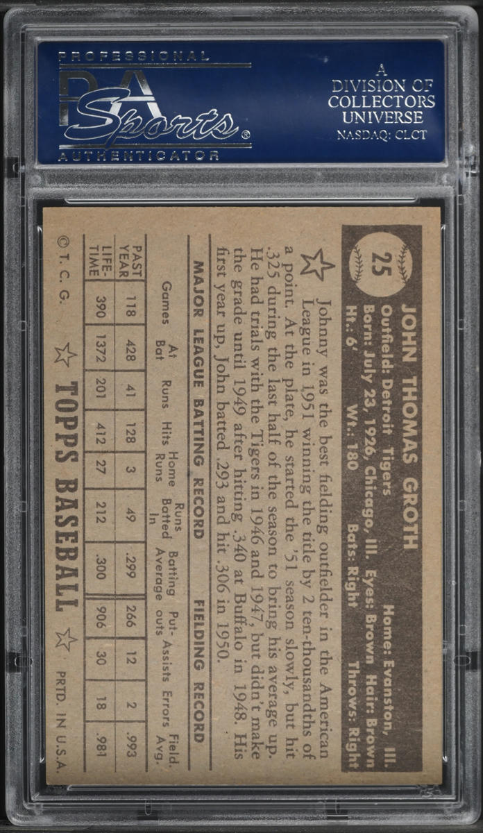 1952 Topps Johnny Groth BLACK BACK #25 PSA 7 NRMT