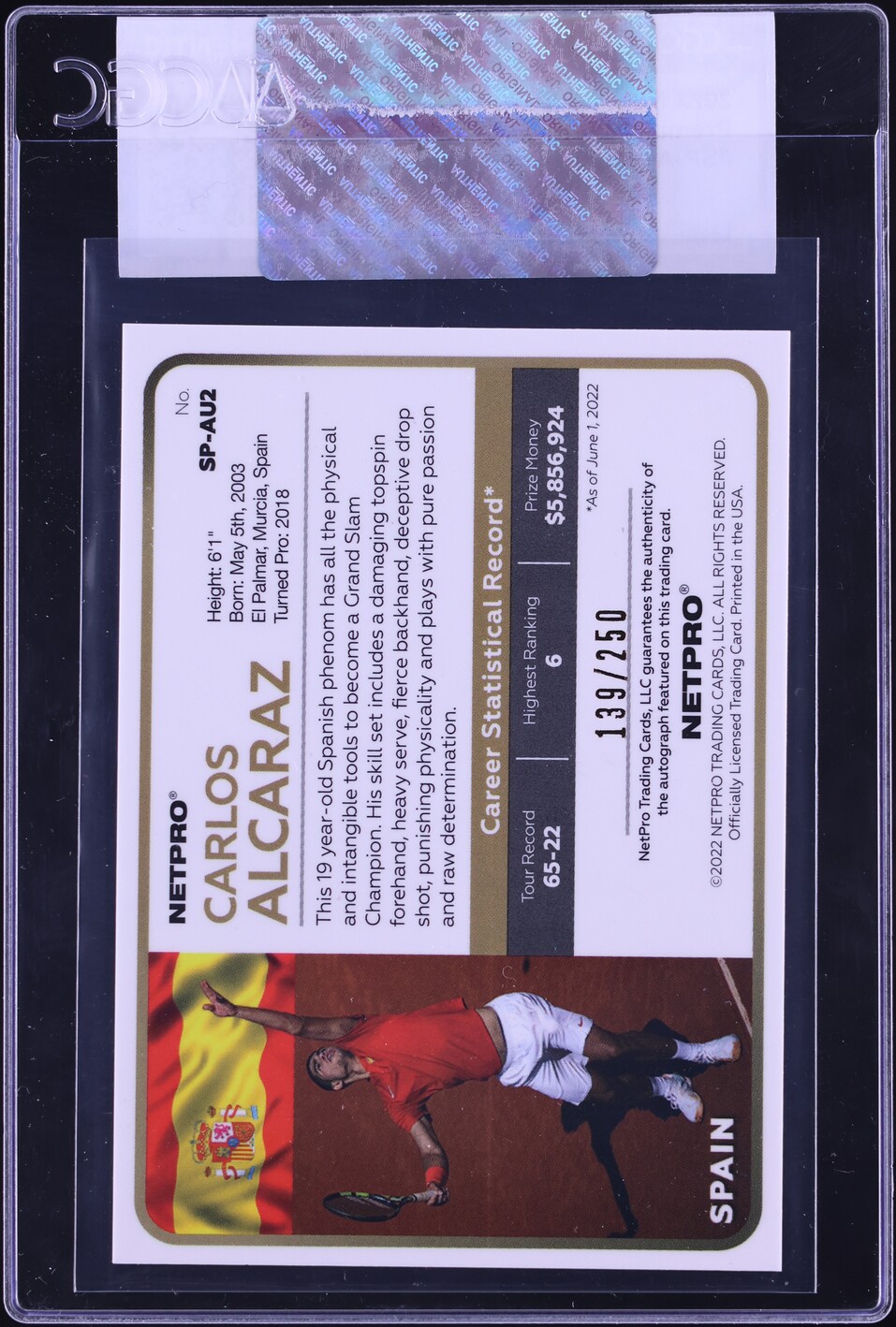 2022 Netpro Premium Rainbow Carlos Alcaraz AUTO /250 #SP-AU2 CGC AUTH