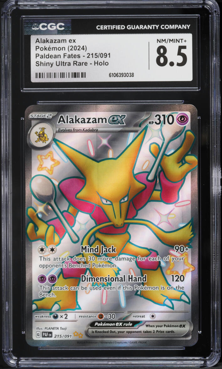 2024 Pokemon Scarlet & Violet Paldean Fates Full Art Alakazam ex #215 CGC 8.5 NM-MT+