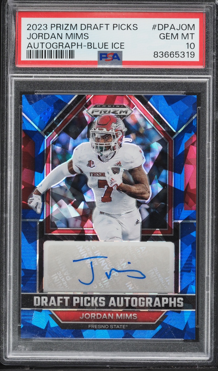 2023 Panini Prizm Draft Picks Blue Ice Jordan Mims ROOKIE AUTO /75 #DPA-JOM PSA 10 GEM MINT