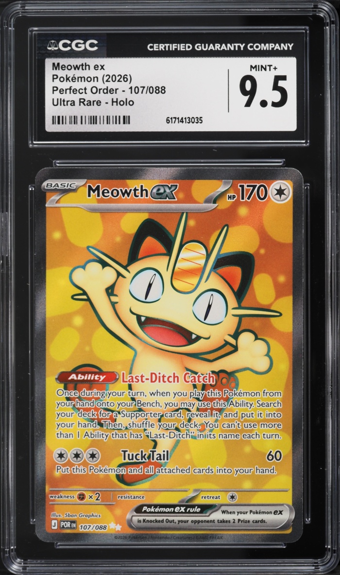 2026 Pokemon Mega Evolution Perfect Order Full Art Meowth ex #107 CGC 9.5 MINT+