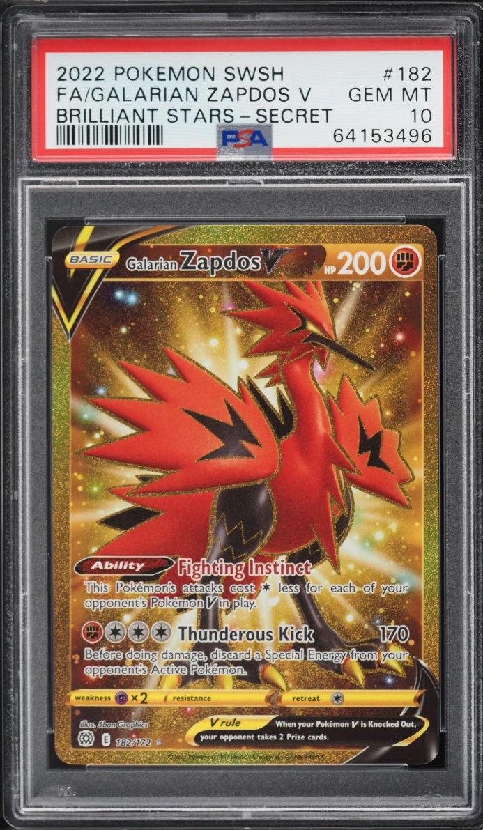 2022 Pokemon Sword & Shield Brilliant Stars Gold Rare Galarian Zapdos V #182 PSA 10 GEM MINT