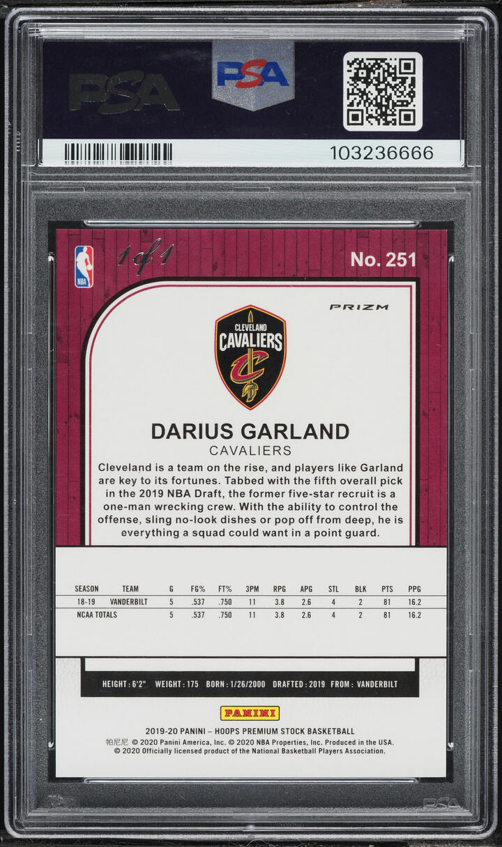 2019 Hoops Premium Stock Black Cracked Ice Darius Garland ROOKIE 1/1 #251 PSA 9 MINT - Photo 2