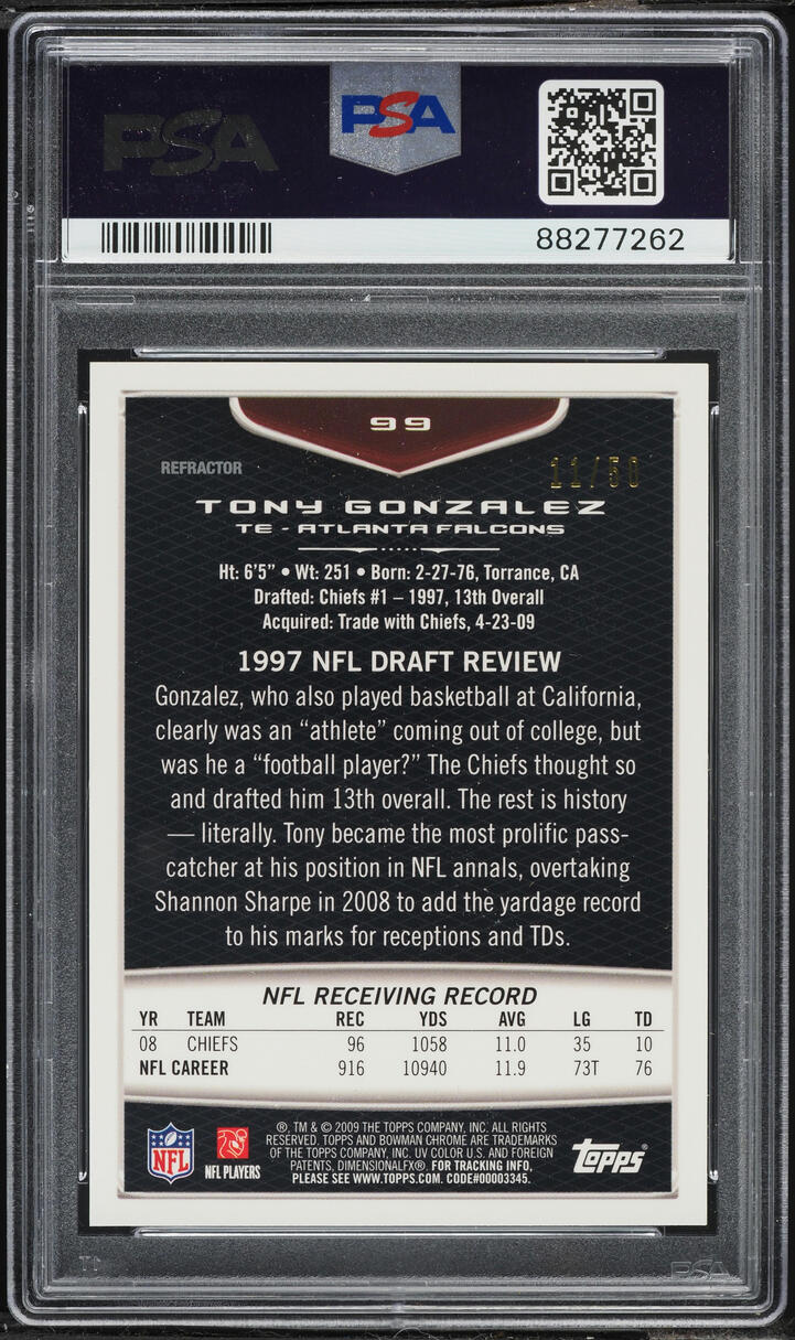 2009 Bowman Chrome Gold Refractor Tony Gonzalez /50 #99 PSA 10 GEM MINT - Photo 2