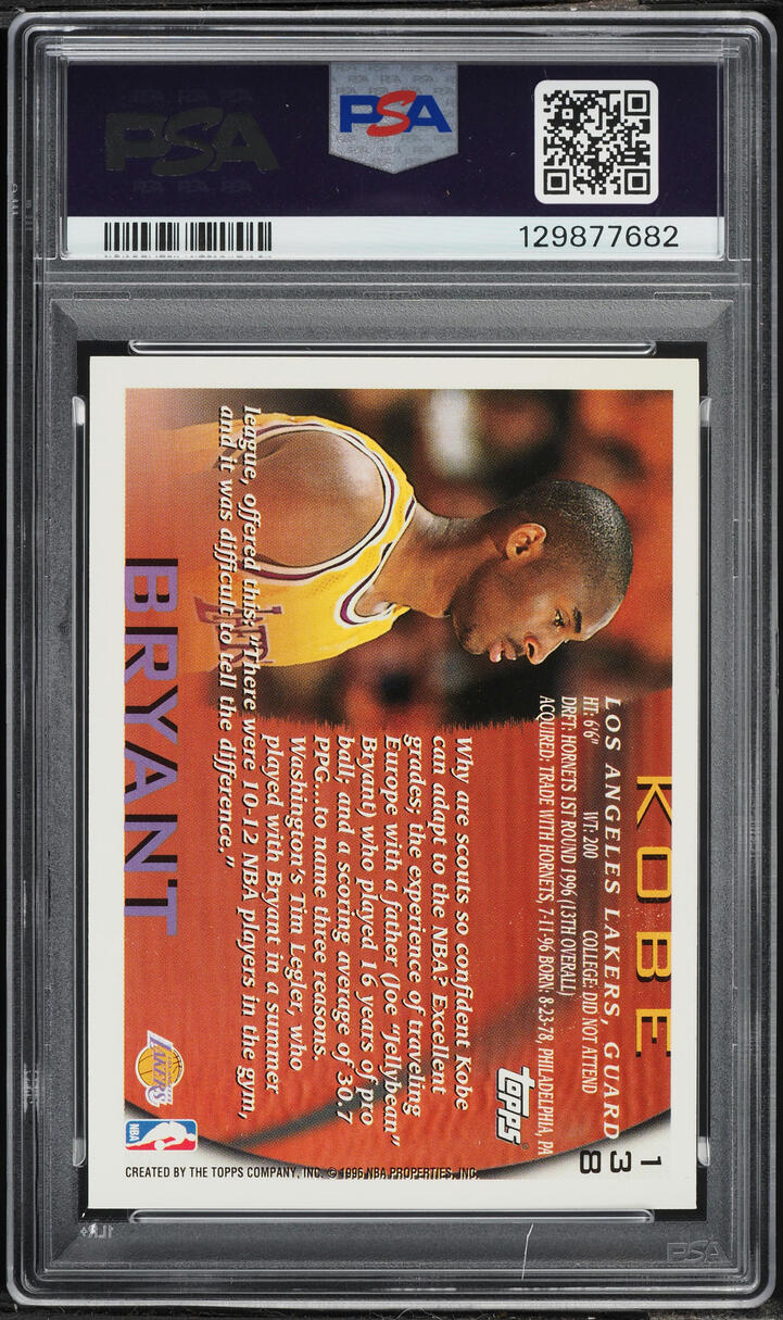 1996 Topps Basketball Kobe Bryant ROOKIE #138 PSA 9 MINT - Photo 2