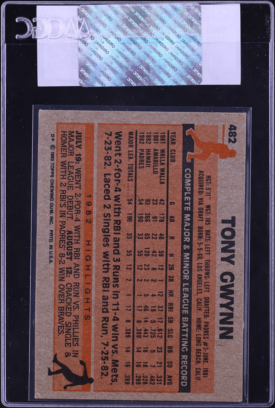 1983 Topps Tony Gwynn ROOKIE #482 CGC AUTH