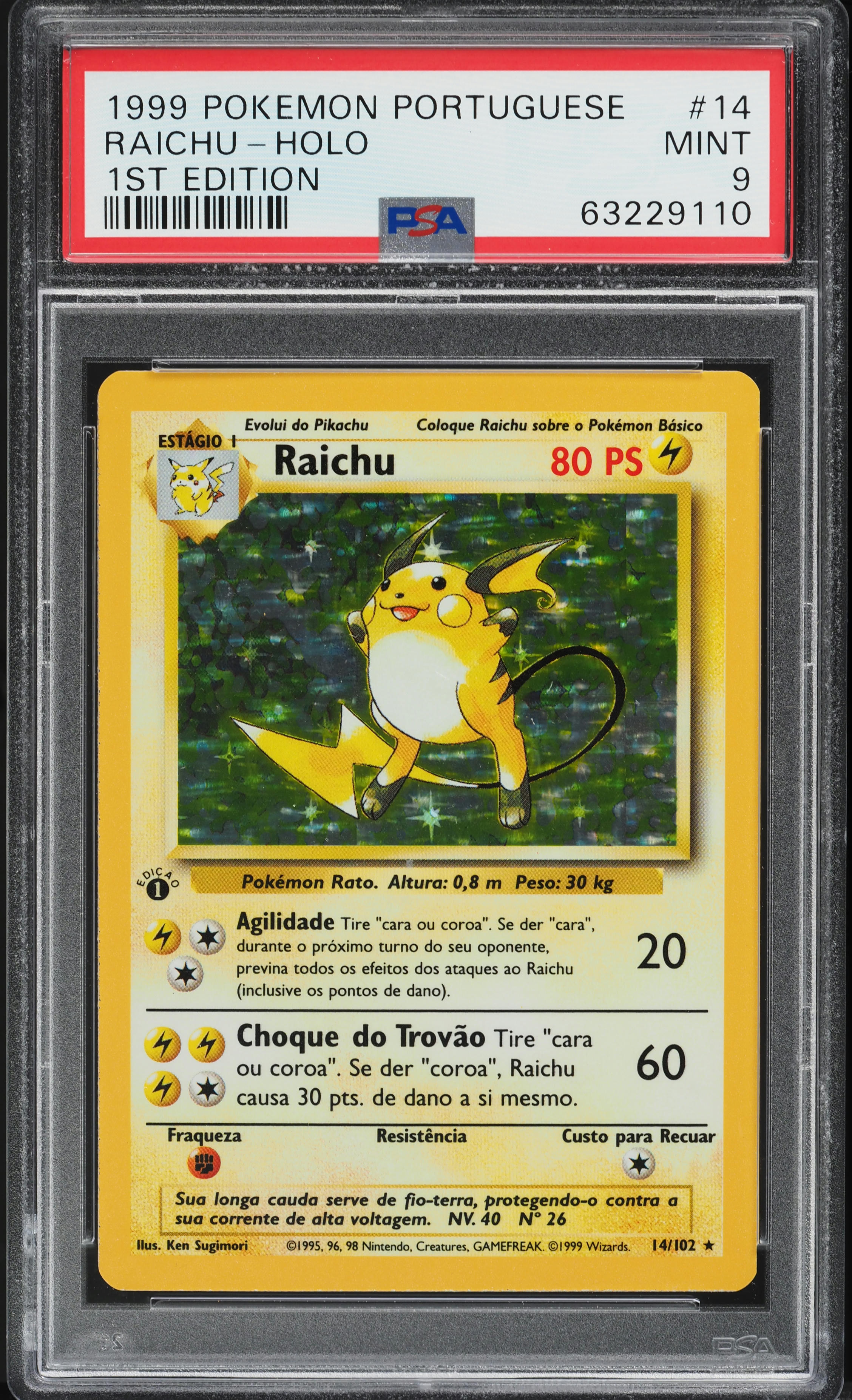 1999 Pokemon Portuguese Base Set 1st Edition Holo Raichu #14 PSA 9 MINT