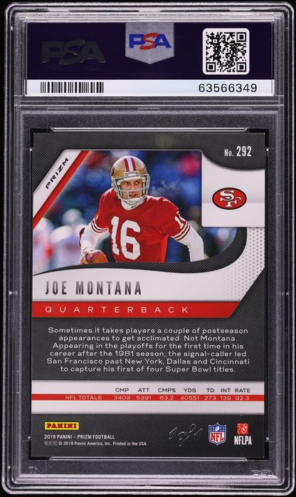 2019 Panini Prizm Black Finite Joe Montana 1/1 #292 PSA 10 GEM MINT
