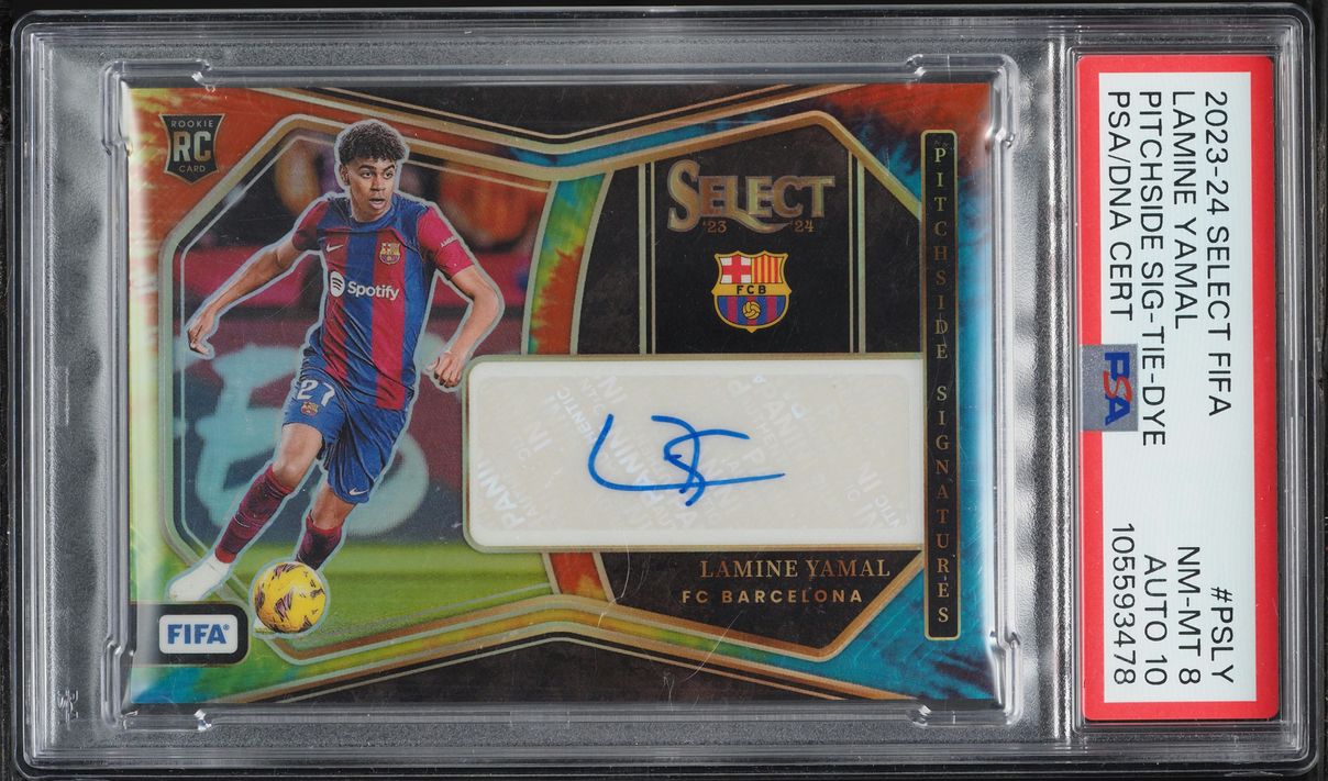 2023 Select FIFA Pitchside Tie-Dye Lamine Yamal ROOKIE AUTO DNA 10 /7 #PS-LY PSA 8 NM-MT