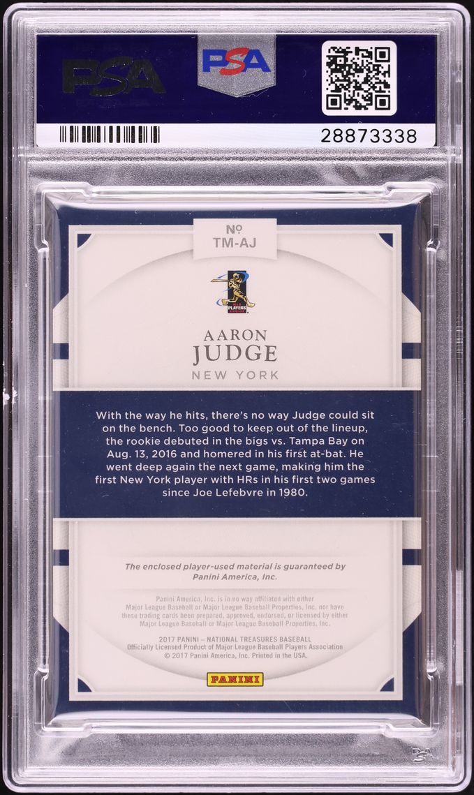 2017 National Treasures Laundry Tag Aaron Judge ROOKIE PATCH /10 #TM-AJ PSA 8 NM-MT