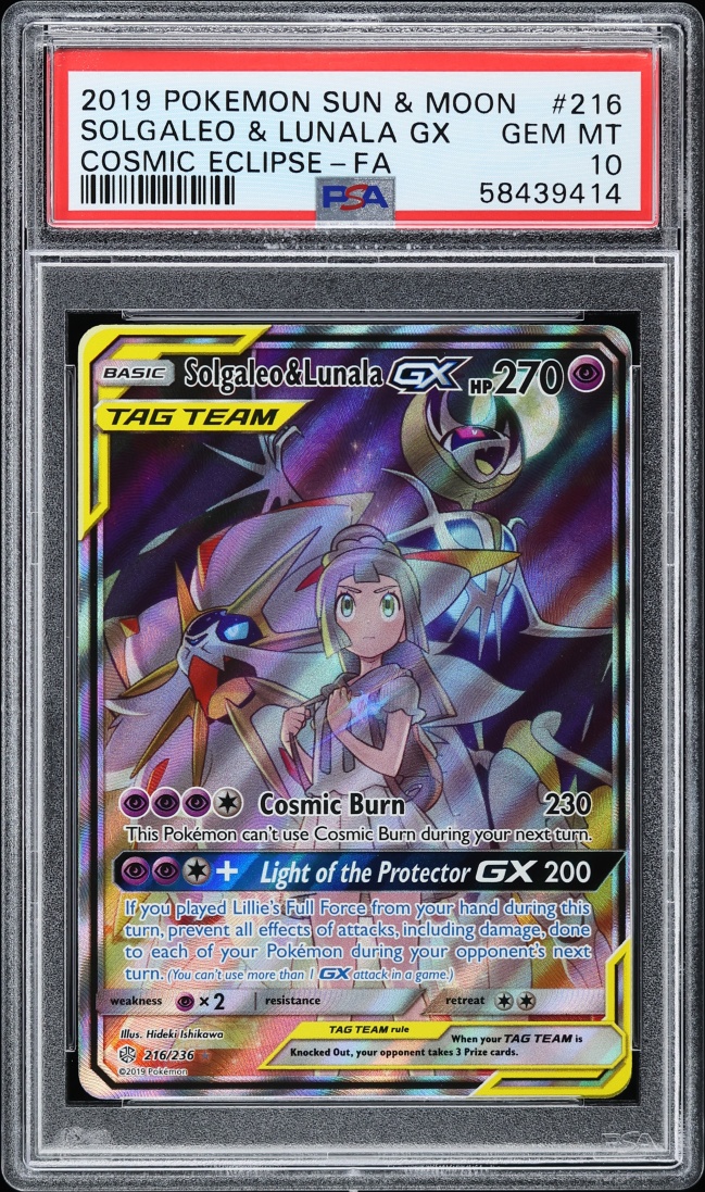 2019 Pokemon Sun & Moon Cosmic Eclipse Alt Art Solgaleo & Lunala GX #216 PSA 10 GEM MINT