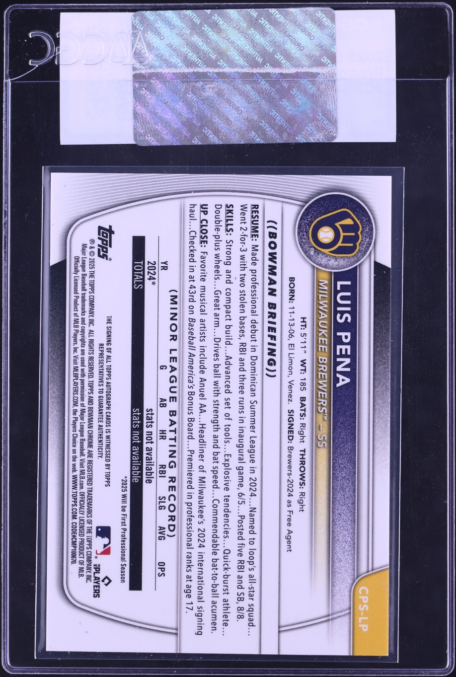 2025 Bowman Chrome Sapphire Luis Pena PROSPECT AUTO /199 #CPS-LP CGC AUTH